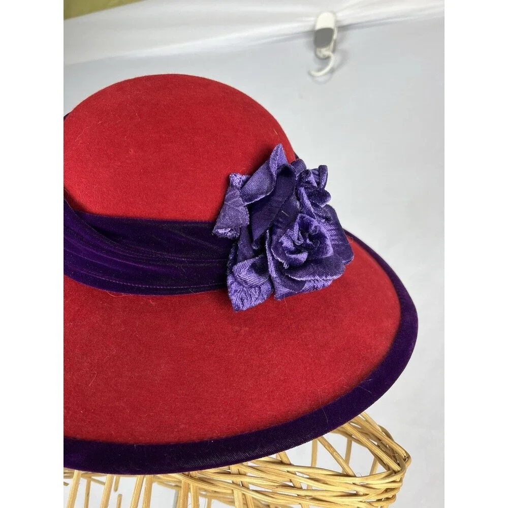 Scala Vintage Red Wool Wide Brim Hat Purple Trim Flower Church Derby Tea